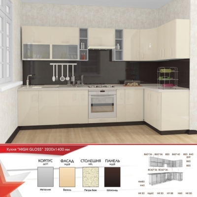 Кухня FLASHNIKA HIGH GLOSS 25 (3200мм x 600мм x 2100мм)
