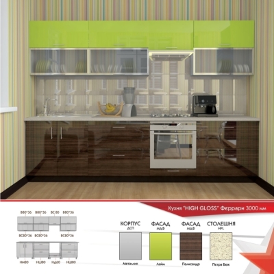 Кухня FLASHNIKA HIGH GLOSS 26 (3000мм x 600мм x 2100мм)