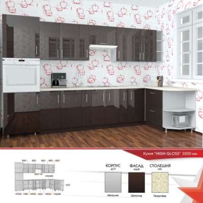 Кухня FLASHNIKA HIGH GLOSS 24 (3200мм x 600мм x 2100мм)