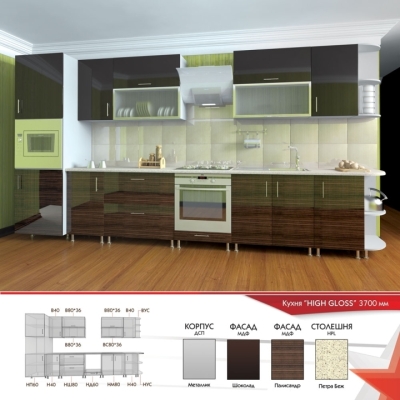Кухня FLASHNIKA HIGH GLOSS 16 (3700мм x 600мм x 2100мм)