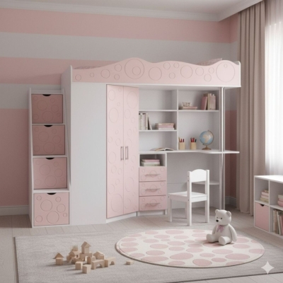 Кровать-чердак детская Art in Head Binky ДС37А 2332x1800x832 Белый бриллиант/Розовый (МДФ) (Left) (BK01010022000)