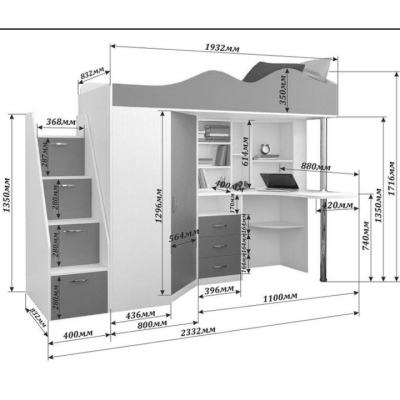 Кровать-чердак детская Art in Head Binky ДС37А 2332x1800x832 Белый бриллиант/Розовый (МДФ) (Left) (BK01010022000)