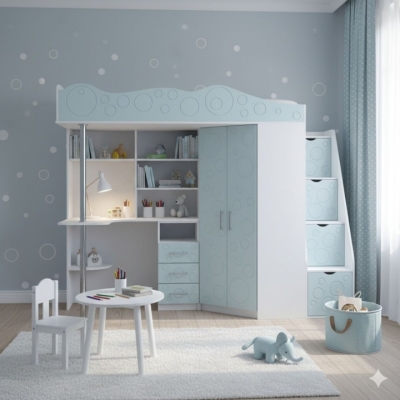 Кровать-чердак детская Art in Head Binky ДС37А 2332x1800x832 Белый бриллиант/Голубая лагуна (МДФ) (Right) (BK02010021000)