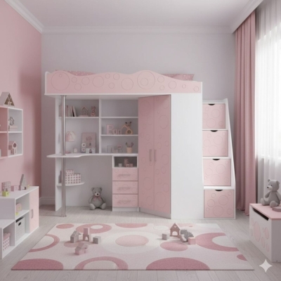 Кровать-чердак детская Art in Head Binky ДС37А 2332x1800x832 Белый бриллиант/Розовый (МДФ) (Right) (BK02010022000)